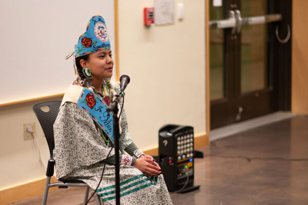 Jr. Miss Southern Ute, Maleina Carel shares the Ute Creation Story during the final night of the Ute Storytelling event held on Monday, Jan. 29. Like previous sessions, guest story tellers gathered at the Southern Ute Cultural Center and Museum to share cultural stories with attendees.  