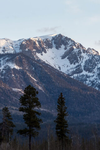 The craggy peaks of Sheridan Mountain and Amhurst loom over the Vallecito Valley to the north, blanketed by winter’s snowpack.