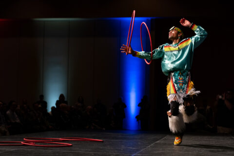 Josiah Enriquez, a three-time world champion hoop dancer, performs at Ben Nighthorse Campbell’s Memorial Celebration, Monday, April 13.