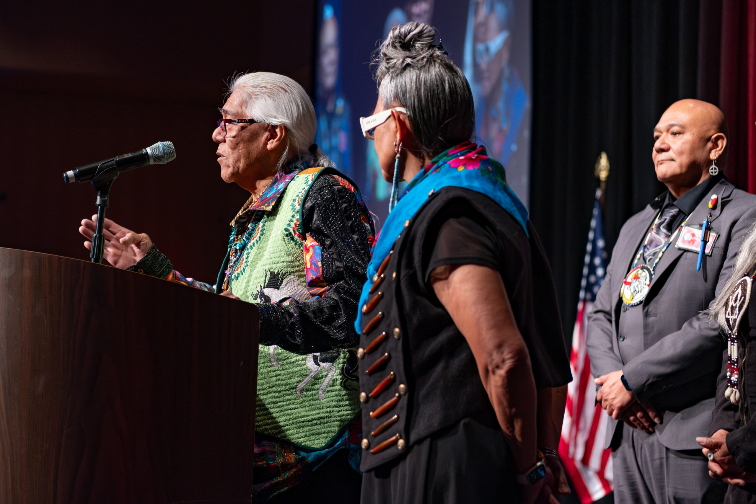 Eddie Box Jr. shares a few words prior to giving the closing prayer at the Sky Ute Casino in Ignacio, Monday, April 13; the Box and Campbell families remained close friends throughout the years.